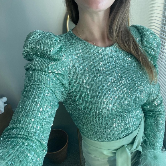 Lavish Alice Sequin Feather Embellished Belted Bodycon Dress in Sage - Picture 2 of 9